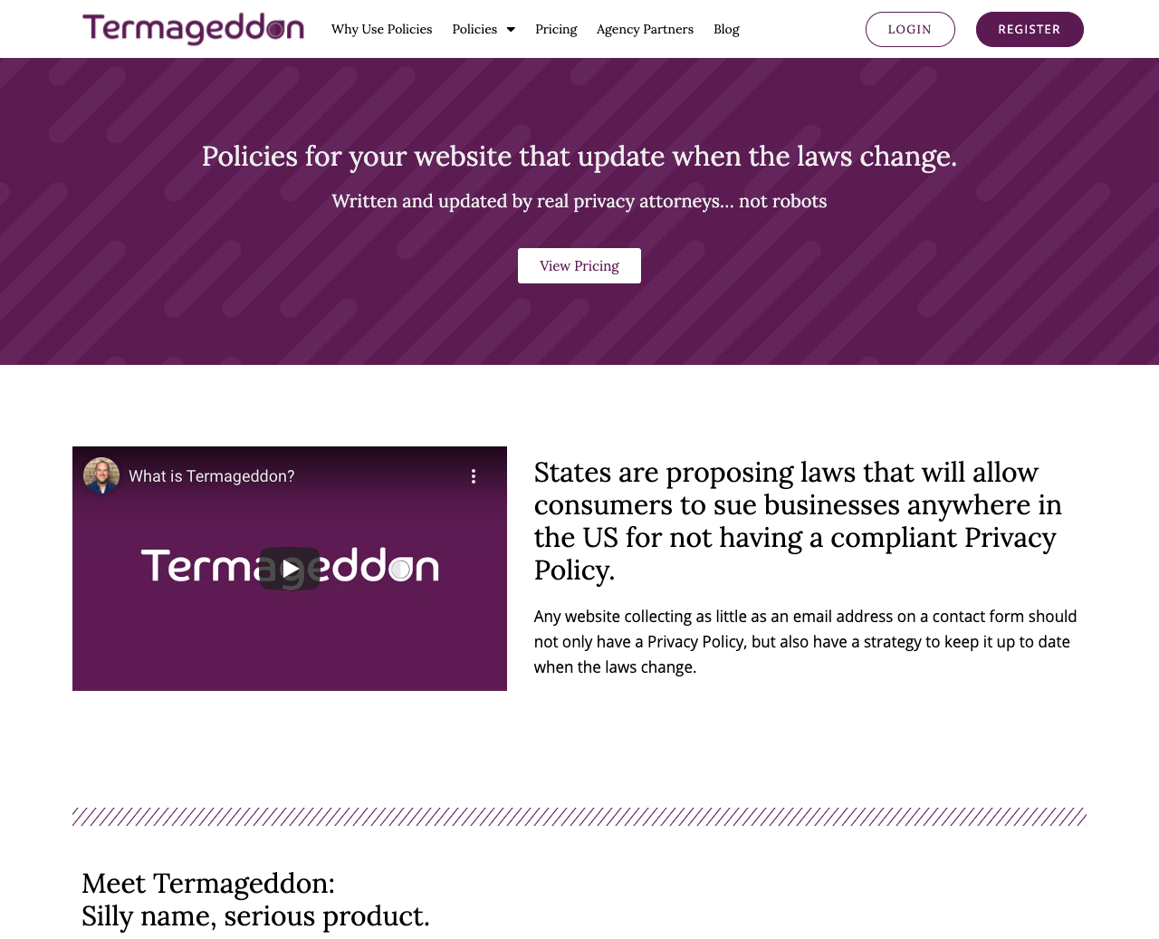 the homepage of Termageddon a policy generator service for privacy and terms of use policies.